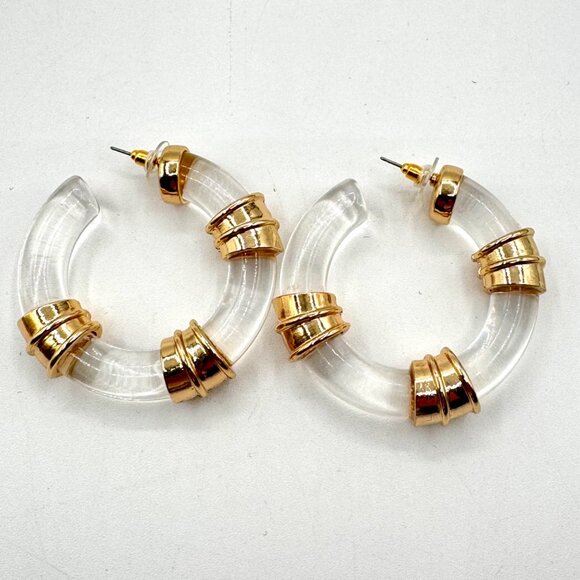 Transparent Lucite Gold Tone Metal Chunky Statement Large Hoops - Picture 3 of 4